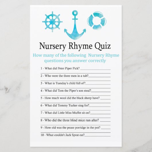 Nautical Anchor Nursery Rhyme Quiz baby showergame (Voorkant)