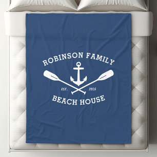 Nautical Anchor Oars Familienaam Beach Lake House Fleece Deken