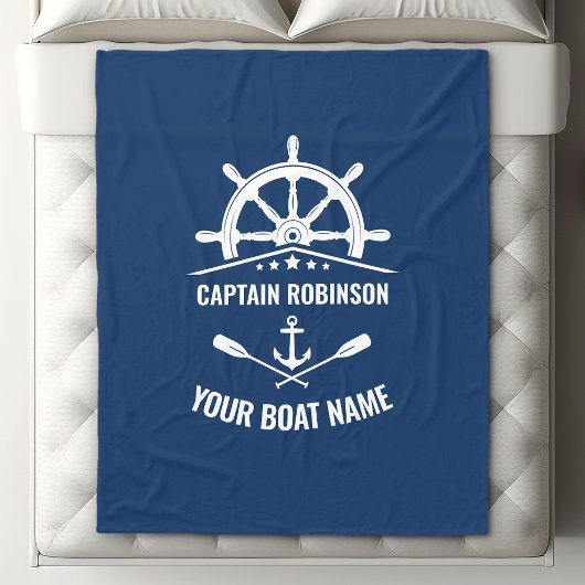 Nautical Anchor Oars Helm Captain & Boat Name Navy Fleece Deken