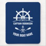 Nautical Anchor Oars Helm Captain & Boat Name Navy Muismat<br><div class="desc">Nautical Boat,  Ships Wheel - Helm en Crossed Oars met uw persoonlijke naam en naam van de boot op een Muismat.</div>