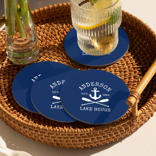 Nautical Anchor Oars Navy Blue Family Lake House Ronde Kartonnen Onderzetter