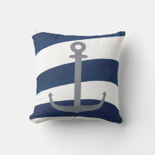 Nautical Anchor on Blue and White Wavy Stripes Kussen