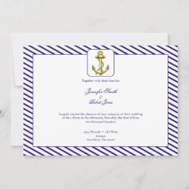 Nautical Anchor on Blue Stripe Wedding Invitation Kaart