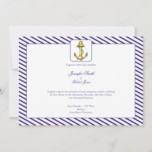 Nautical Anchor on Blue Stripe Wedding Invitation Kaart (Voorkant)