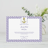 Nautical Anchor on Blue Stripe Wedding Invitation Kaart (Staand voorkant)