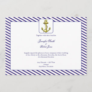 Nautical Anchor on Blue Stripe Wedding Invitation Kaart