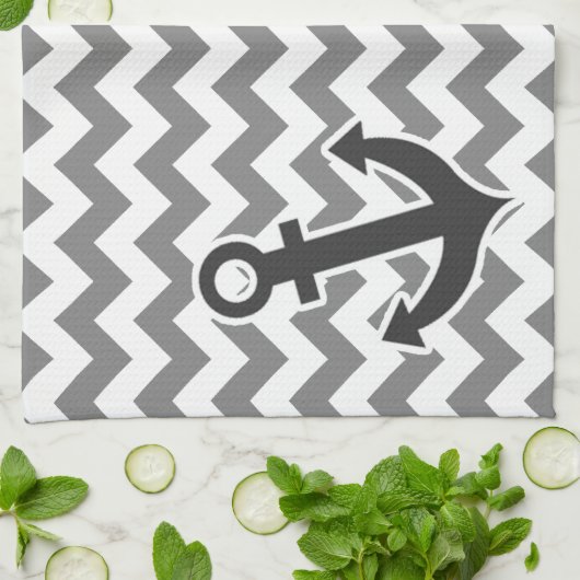 Nautical Anchor on Dark Gray Chevron Theedoek (Gevouwen)