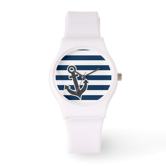 Nautical Anchor on Dark Midnight Blue Stripes Horloge (Voorkant)