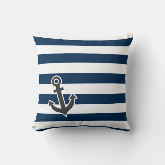 Nautical Anchor on Dark Midnight Blue Stripes Kussen (Voorkant)