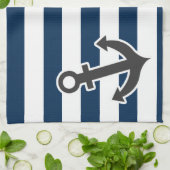 Nautical Anchor on Dark Midnight Blue Stripes Theedoek (Gevouwen)