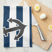 Nautical Anchor on Dark Midnight Blue Stripes Theedoek (Quarter Fold)