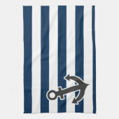 Nautical Anchor on Dark Midnight Blue Stripes Theedoek (Verticaal)