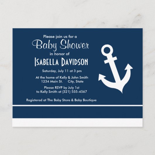 Nautical Anchor on Dark Midnight Blue Stripes Uitnodiging Briefkaart (Voorkant)
