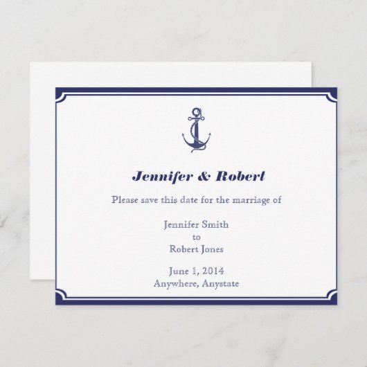 Nautical Anchor on Navy Save the Date Kaart (Voorkant / Achterkant)