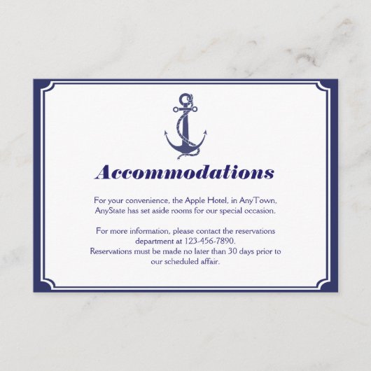 Nautical Anchor on Navy Wedding Insert Informatiekaartje (Voorkant)