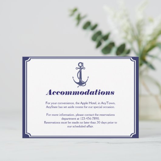 Nautical Anchor on Navy Wedding Insert Informatiekaartje (Staand voorkant)