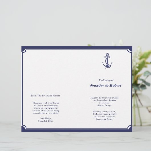 Nautical Anchor on Navy Wedding Programme (Staand voorkant)