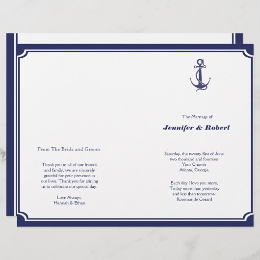 Nautical Anchor on Navy Wedding Programme (Voorkant / Achterkant)