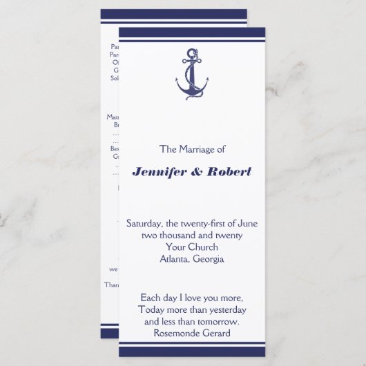 Nautical Anchor on Navy Wedding Programme Programmakaart (Voorkant / Achterkant)