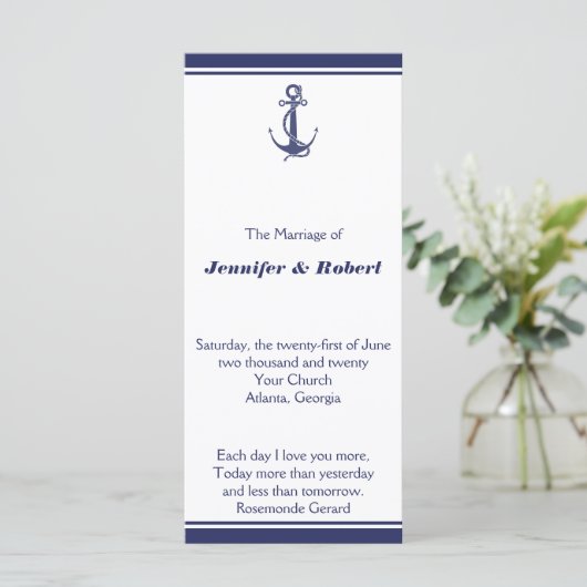 Nautical Anchor on Navy Wedding Programme Programmakaart (Staand voorkant)