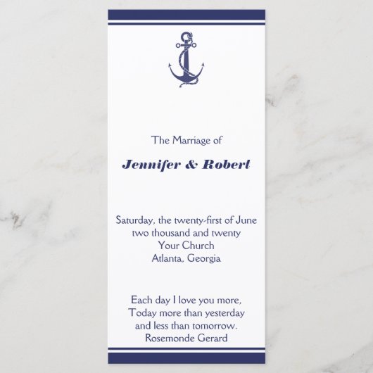 Nautical Anchor on Navy Wedding Programme Programmakaart (Voorkant)