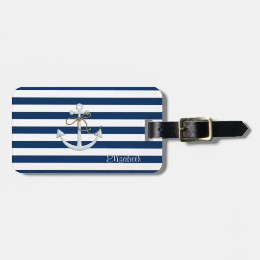 Nautical Anchor OnNavy Blue Stripes-Personalized Bagagelabel (Voorkant horizontaal)