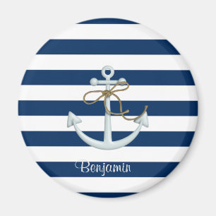 Nautical Anchor OnNavy Blue Stripes-Personalized Magneet
