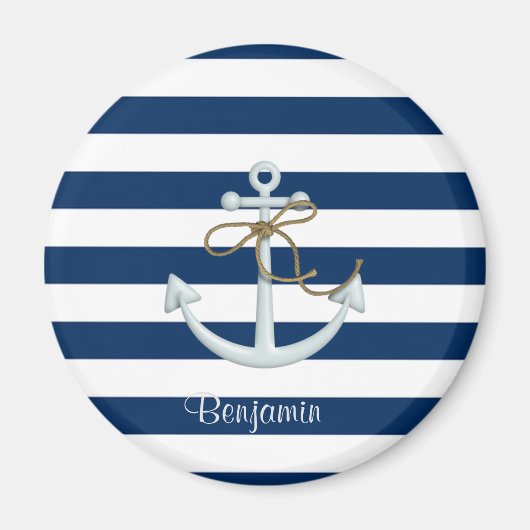 Nautical Anchor OnNavy Blue Stripes-Personalized Magneet (Voorkant)