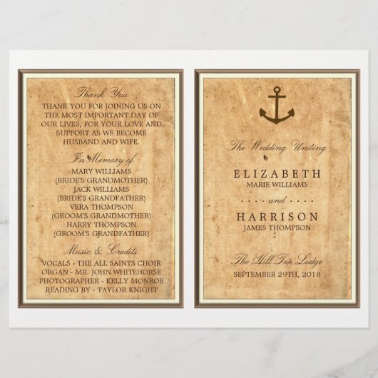 Nautical Anchor  Paper Wedding Programme (Voorkant)