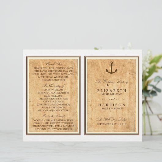 Nautical Anchor  Paper Wedding Programme (Staand voorkant)