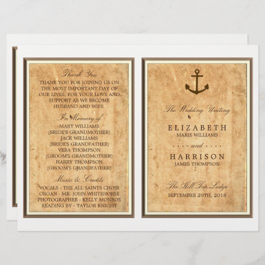 Nautical Anchor  Paper Wedding Programme (Voorkant / Achterkant)