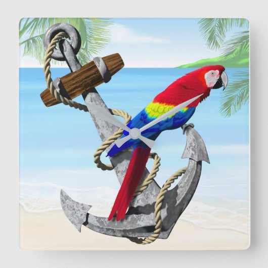 Nautical Anchor Parrot Vierkante Klok (Voorkant)