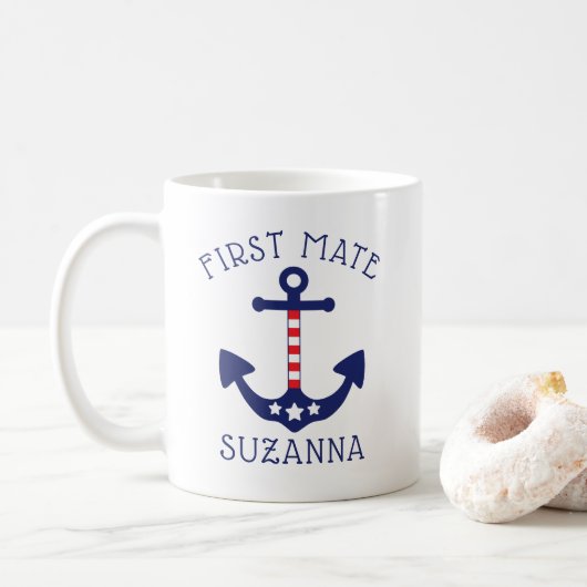 Nautical Anchor Patriotic First Mate Naam toevoege Koffiemok (Met donut)