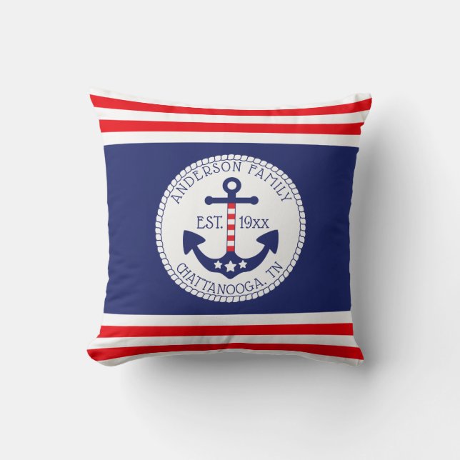 Nautical Anchor Patriotic Stars Stripes Monogram Kussen (Voorkant)