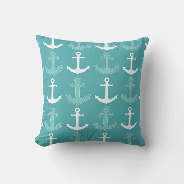 Nautical Anchor Pattern Blauwgroen blauw en wit Kussen (Voorkant)