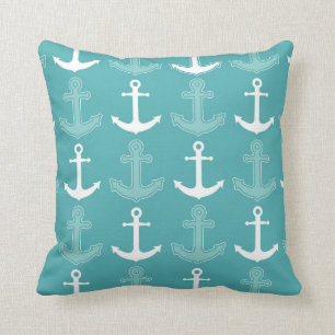Nautical Anchor Pattern Blauwgroen blauw en wit Kussen