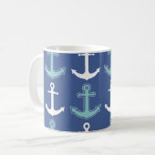 Nautical Anchor Pattern Navy Blue en Blauwgroen Koffiemok (Voorkant links)