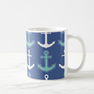 Nautical Anchor Pattern Navy Blue en Blauwgroen Koffiemok