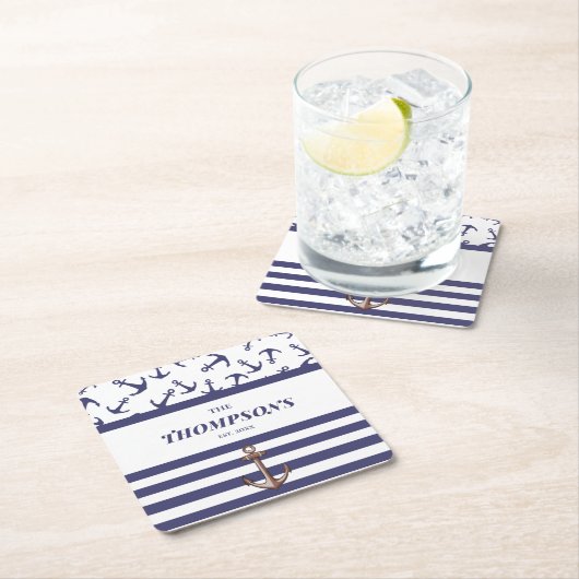 Nautical Anchor Pattern Navy Stripes Familienaam Kartonnen Onderzetters (Insitu)