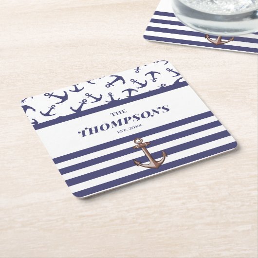 Nautical Anchor Pattern Navy Stripes Familienaam Kartonnen Onderzetters (Schuin)
