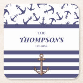 Nautical Anchor Pattern Navy Stripes Familienaam Kartonnen Onderzetters (Voorkant)