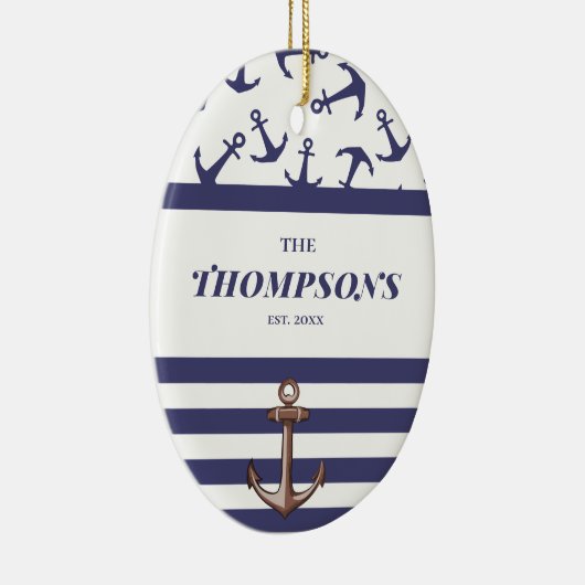 Nautical Anchor Pattern Navy Stripes Familienaam Keramisch Ornament (Rechts)