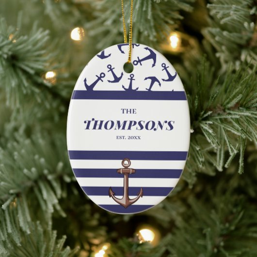 Nautical Anchor Pattern Navy Stripes Familienaam Keramisch Ornament (Boom)