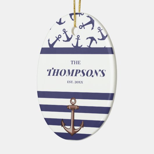 Nautical Anchor Pattern Navy Stripes Familienaam Keramisch Ornament (Links)