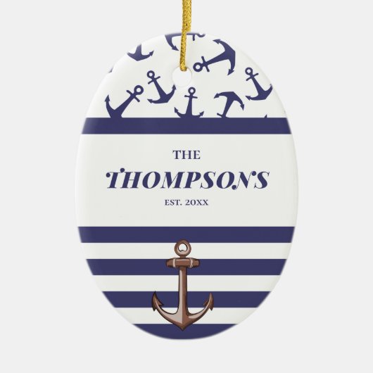 Nautical Anchor Pattern Navy Stripes Familienaam Keramisch Ornament (Voorkant)