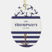 Nautical Anchor Pattern Navy Stripes Familienaam Keramisch Ornament (Achterkant)