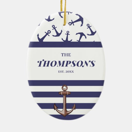 Nautical Anchor Pattern Navy Stripes Familienaam Keramisch Ornament (Achterkant)