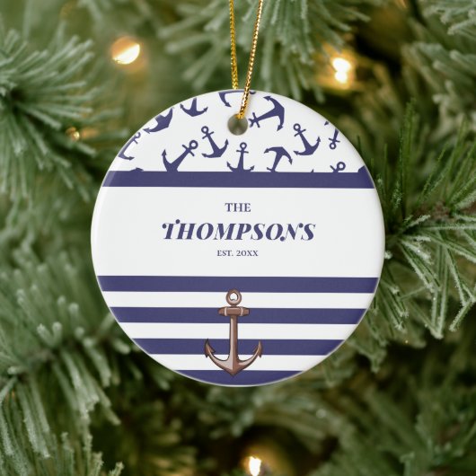 Nautical Anchor Pattern Navy Stripes Familienaam Keramisch Ornament (Boom)