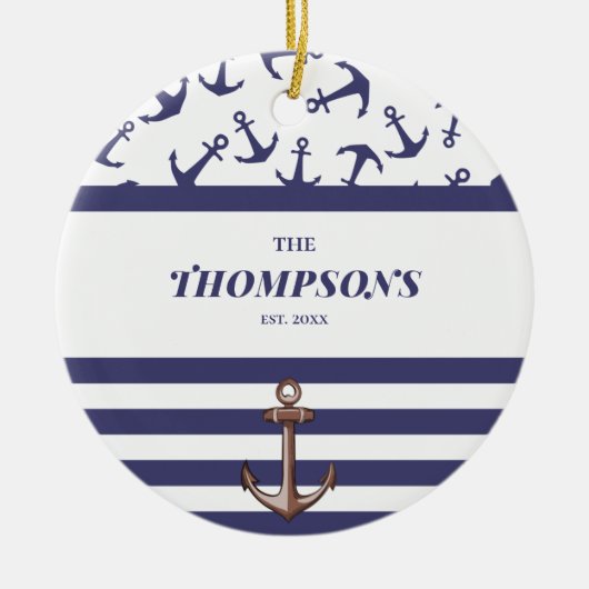 Nautical Anchor Pattern Navy Stripes Familienaam Keramisch Ornament (Voorkant)