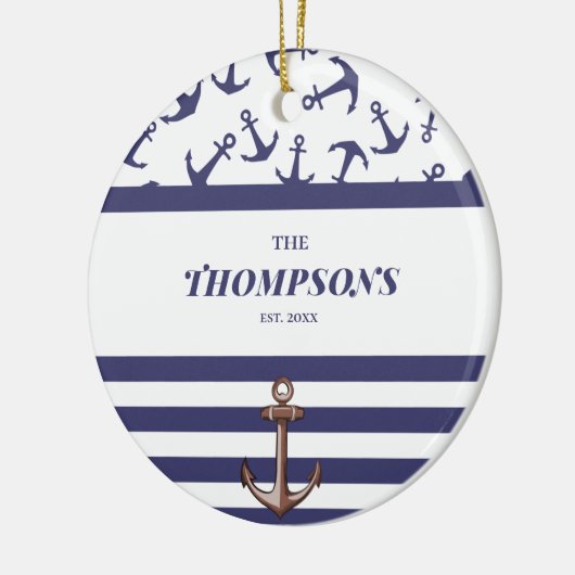 Nautical Anchor Pattern Navy Stripes Familienaam Keramisch Ornament (Links)